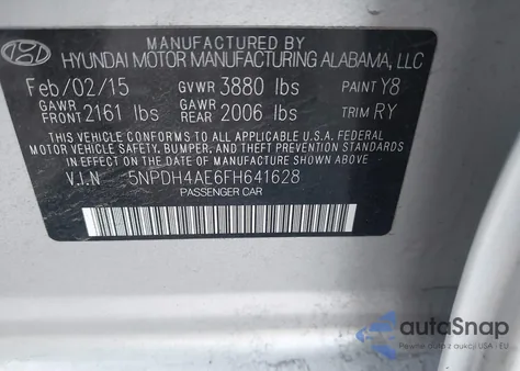 2015 Hyundai Elantra Se z USA, uszkodzony, nr VIN 5NPDH4AE6FH641628